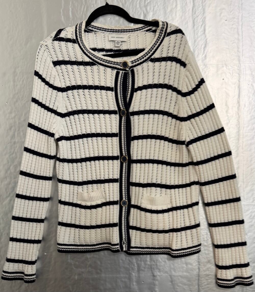 Free Assembly XL 16-18 White and Navy Striped Knit Cardigan
